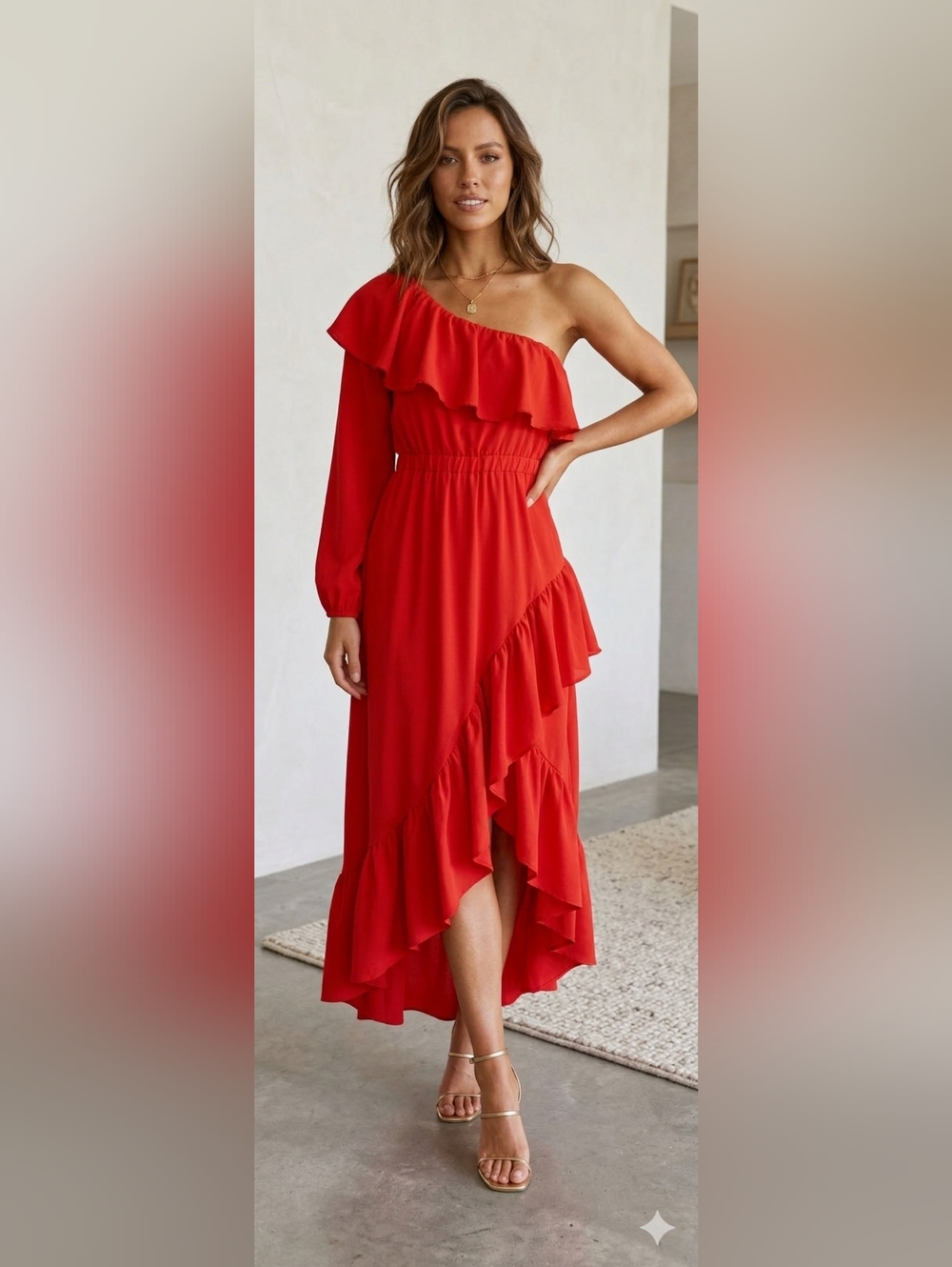 Bright Red Ruffled One Shoulder Maxi Dress